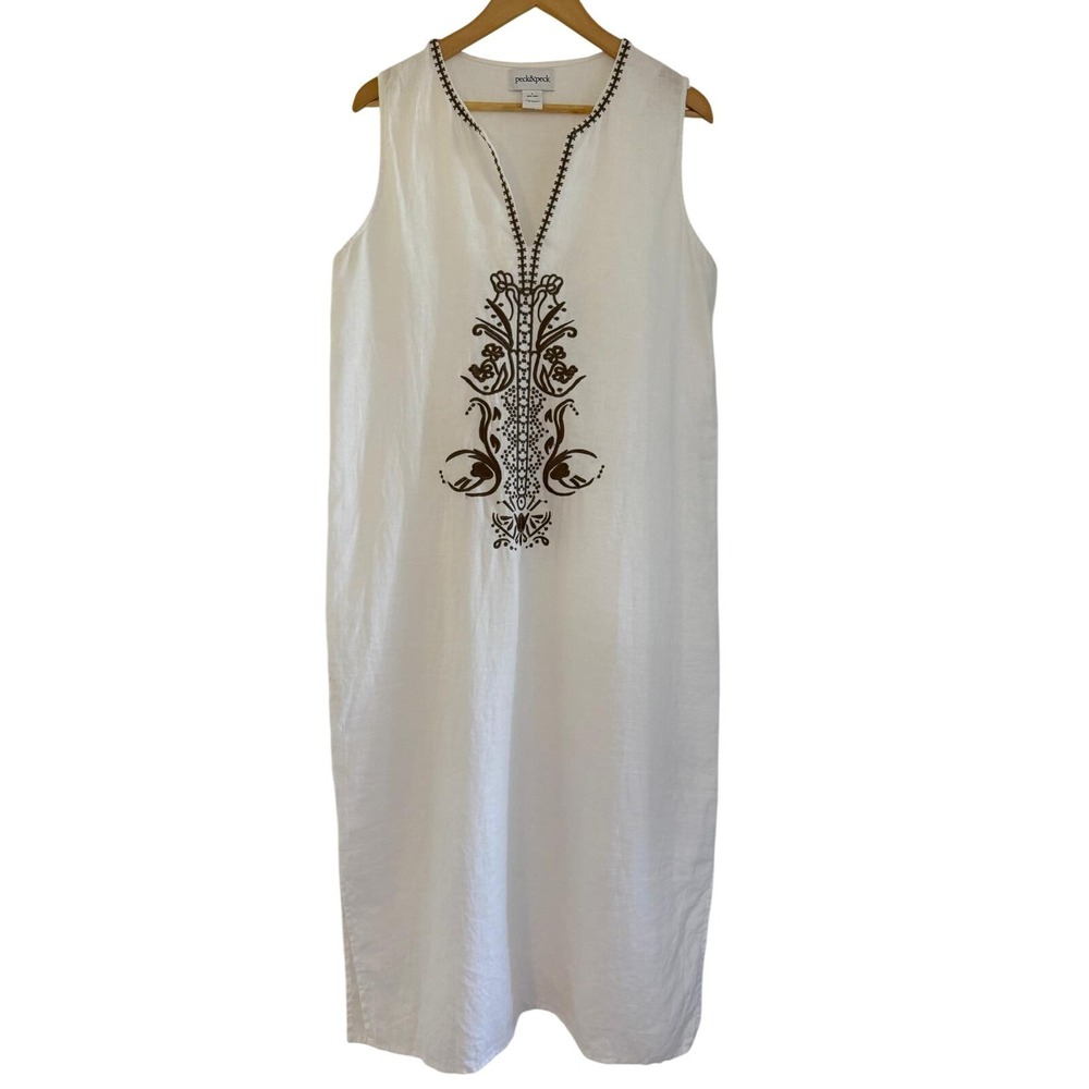 Peck & Peck Womens White 100% Linen Embroidered Sleeveless Maxi Dress Size L